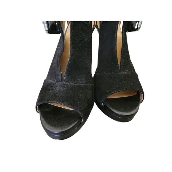 New MICHAEL Kors Black Suede Leather Isabella Open Peep Toe Heels Bootie Shoes - Picture 4 of 16